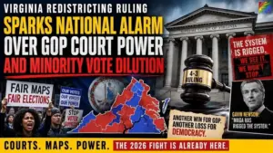 Virginia Supreme Court redistricting ruling graphic showing GOP advantage, court gavel, protestors and map highlighting minority vote dilution concerns
