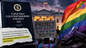 Illustration showing the White House, transgender rights protest imagery, and the United States Counterterrorism Strategy 2026 document amid controversy over federal language targeting “radically pro-transgender” ideologies.