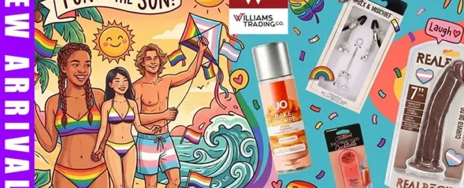 Williams Trading summer new arrivals promotional graphic featuring seasonal retail wellness and novelty products for adult retailers
