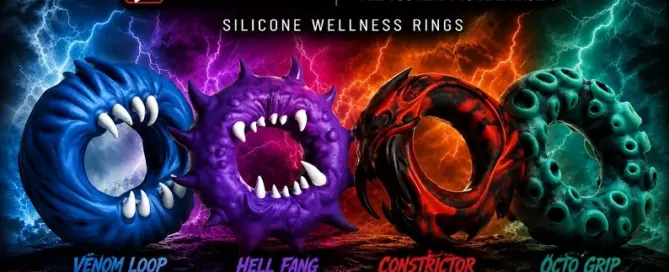 XR Brands Creature Cocks Silicone Wellness Rings featuring Venom Loop, Hell Fang, Constrictor and Octo Grip fantasy-inspired wellness accessories.