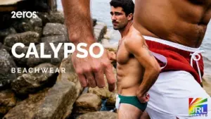 Male model showcases the 2eros Calypso Swimwear Collection featuring premium color-blocked beachwear designed for confident summer style.
