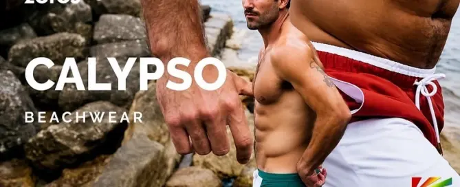 Male model showcases the 2eros Calypso Swimwear Collection featuring premium color-blocked beachwear designed for confident summer style.