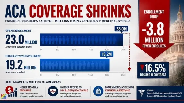 Bar chart showing Affordable Care Act marketplace enrollment declining from 23.0 million during open enrollment to 19.2 million enrolled after enhanced ACA subsidies expired in early 2026.
