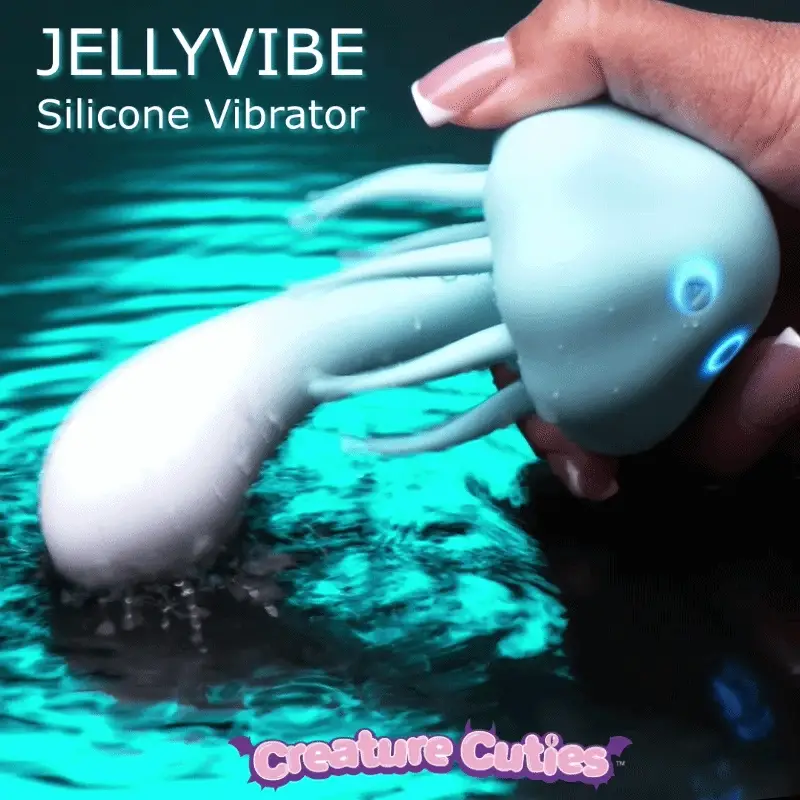 XR Brands Jellyvibe Silicone Vibrator shown in a waterproof demonstration highlighting its dual-motor design and Creature Cuties branding.