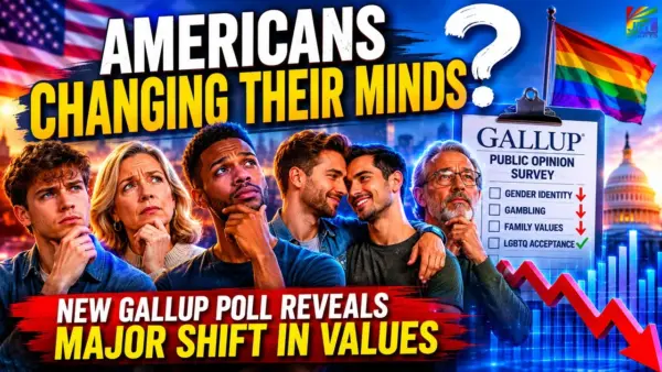 Editorial illustration depicting Americans reacting to Gallup poll findings on LGBTQ acceptance, gender identity, gambling and changing social values in the United States.