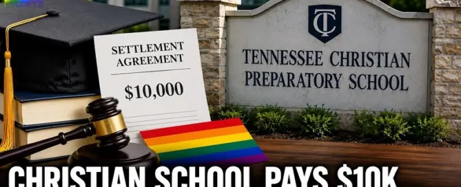 Tennessee Christian Preparatory School settlement image showing graduation cap, legal gavel, $10,000 settlement document and Pride flag tied to Morgan Armstrong LGBTQ student rights case.