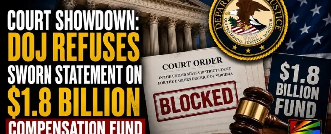 Department of Justice legal battle over a blocked $1.8 billion compensation fund following a federal court order and constitutional dispute.