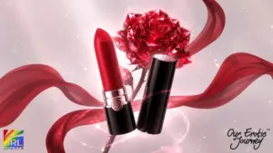 OEJ Novelty Scarlett Kiss Lipstick Vibrator displayed with a luxury red rose backdrop highlighting its elegant beauty-inspired design.