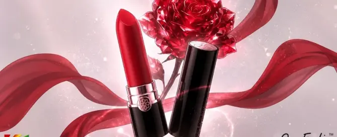 OEJ Novelty Scarlett Kiss Lipstick Vibrator displayed with a luxury red rose backdrop highlighting its elegant beauty-inspired design.