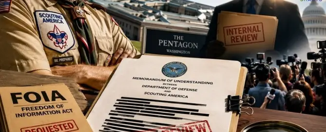 Editorial illustration depicting a Scouting America uniform, Freedom of Information Act request, redacted government memorandum, Pentagon backdrop, and reporters covering a federal transparency lawsuit.