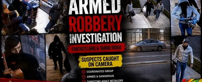 Security surveillance images showing suspects connected to a Portland-area armed robbery investigation involving multiple adult retail stores, including Fantasyland and Taboo Video locations.