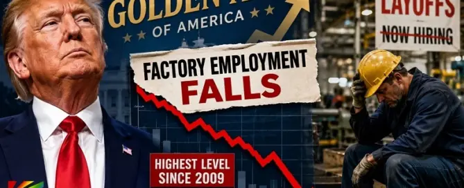 President Donald Trump alongside factory layoff imagery and declining employment data highlighting manufacturing job losses reaching their highest levels since 2009.