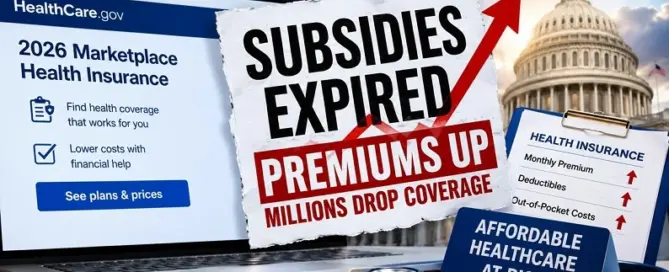 Editorial illustration depicting the expiration of ACA subsidies, rising health insurance premiums, and affordable healthcare concerns against the backdrop of the U.S. Capitol.