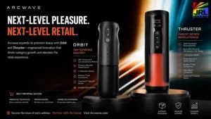Arcwave Orbit and Thruster men's wellness devices showcased in a premium retail marketing display highlighting advanced motion technology, app connectivity, and category growth opportunities.