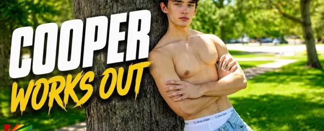 Corbin Fisher newcomer Cooper stars in the solo debut Cooper Works Out, showcasing the fitness model in a sunlit outdoor promotional image.