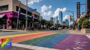 Rainbow crosswalk and Pride flags along Cedar Springs Road in Dallas as the LGBTQ community celebrates Pride Month despite the removal of iconic rainbow crosswalks.