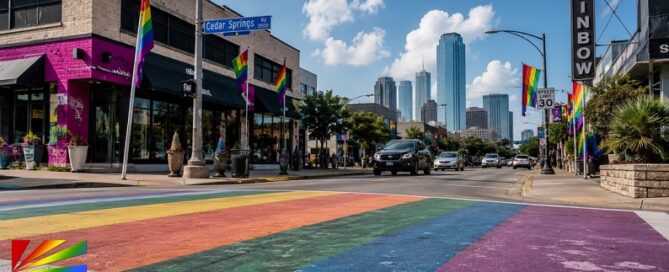 Rainbow crosswalk and Pride flags along Cedar Springs Road in Dallas as the LGBTQ community celebrates Pride Month despite the removal of iconic rainbow crosswalks.