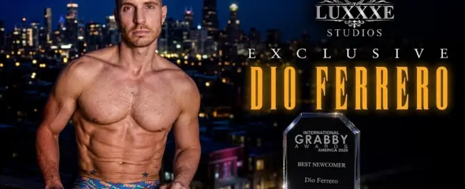 Dio Ferrero posing with his Grabbys America 2026 Best Newcomer Award as a Luxxxe Studios exclusive performer