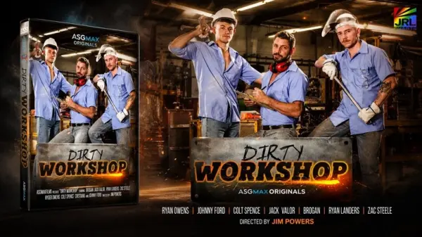 Dirty Workshop DVD box cover artwork displayed alongside a cinematic promotional scene from the ASGMax feature release.