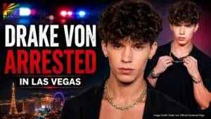 Drake Von pictured in a Hollywood-style news graphic following reports of his arrest in Las Vegas.