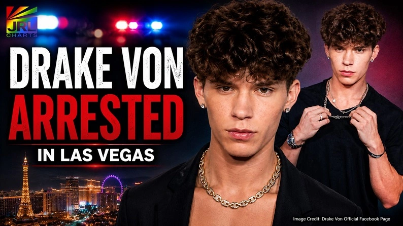 Drake Von pictured in a Hollywood-style news graphic following reports of his arrest in Las Vegas.