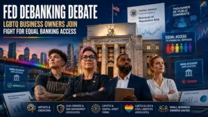 Diverse LGBTQ business owners stand before the Federal Reserve as debate grows over reputation-risk banking policies and equal access to financial services.
