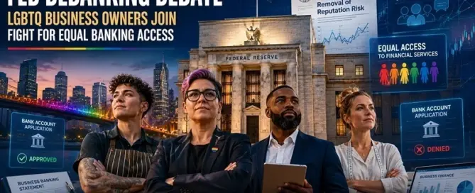 Diverse LGBTQ business owners stand before the Federal Reserve as debate grows over reputation-risk banking policies and equal access to financial services.