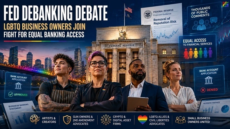 Diverse LGBTQ business owners stand before the Federal Reserve as debate grows over reputation-risk banking policies and equal access to financial services.
