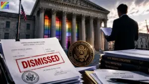 Federal court documents stamped dismissed outside a U.S. courthouse representing the dismissal of an indictment against LGBTQ rights attorney Carl Charles.