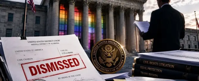 Federal court documents stamped dismissed outside a U.S. courthouse representing the dismissal of an indictment against LGBTQ rights attorney Carl Charles.