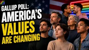 Gallup poll themed editorial illustration showing diverse Americans as public opinion shifts on LGBTQ acceptance, gender identity, family values and social issues in the United States.