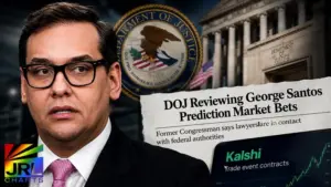 Former Congressman George Santos shown alongside Department of Justice imagery as reports emerge of a federal review involving prediction market betting activity.