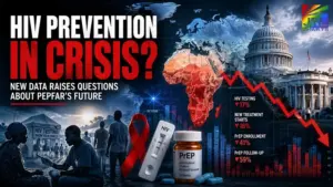 Newsroom-style illustration showing declining HIV prevention efforts, PEPFAR funding cuts, HIV testing reductions, PrEP access challenges and global health concerns in 2026.