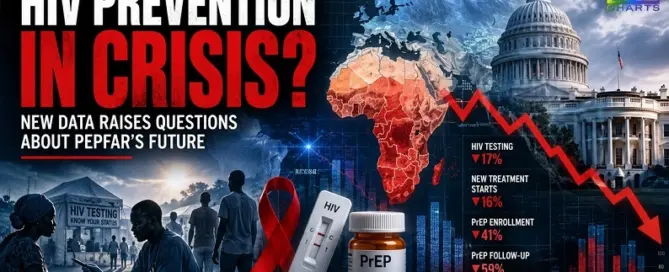 Newsroom-style illustration showing declining HIV prevention efforts, PEPFAR funding cuts, HIV testing reductions, PrEP access challenges and global health concerns in 2026.