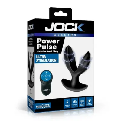 Retail packaging for the JOCK Power Pulse E-Stim Anal Plug featuring the wireless remote and premium silicone product.
