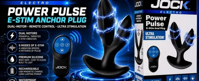 JOCK Power Pulse E-Stim Anchor Plug with wireless remote and retail packaging presented in a futuristic technology-inspired promotional image.