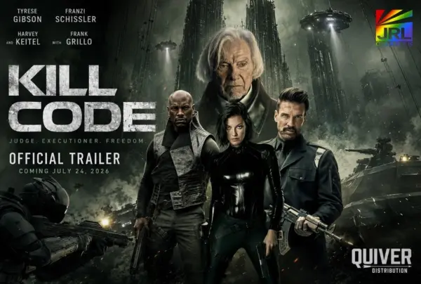KILL CODE promotional artwork featuring Frank Grillo, Tyrese Gibson, Harvey Keitel and Franzi Schissler surrounded by futuristic drones, military forces and a dystopian cityscape.