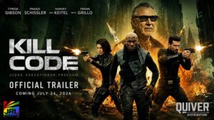 KILL CODE official trailer promotional artwork featuring Frank Grillo, Tyrese Gibson, Harvey Keitel and Franzi Schissler in the upcoming sci-fi action thriller distributed by Quiver Distribution.