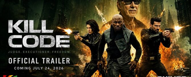 KILL CODE official trailer promotional artwork featuring Frank Grillo, Tyrese Gibson, Harvey Keitel and Franzi Schissler in the upcoming sci-fi action thriller distributed by Quiver Distribution.