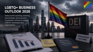 Editorial illustration showing LGBTQ+ business challenges in 2026, including declining DEI budgets, reduced corporate sponsorships, and economic uncertainty impacting LGBTQ-owned businesses and organizations.