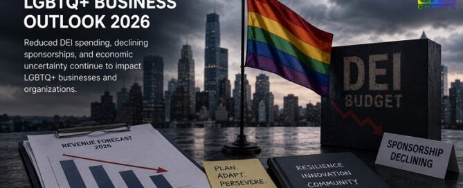 Editorial illustration showing LGBTQ+ business challenges in 2026, including declining DEI budgets, reduced corporate sponsorships, and economic uncertainty impacting LGBTQ-owned businesses and organizations.