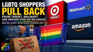 LGBTQ consumer spending graphic featuring Target, Walmart, and Amazon as new survey data highlights changing purchasing behavior related to corporate diversity and inclusion policies.