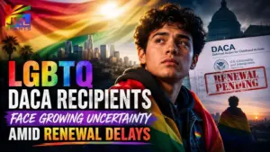 LGBTQ DACA recipient wrapped in a Pride flag as immigration renewal delays and policy uncertainty impact Dreamers across the United States.