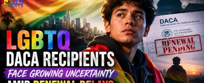 LGBTQ DACA recipient wrapped in a Pride flag as immigration renewal delays and policy uncertainty impact Dreamers across the United States.