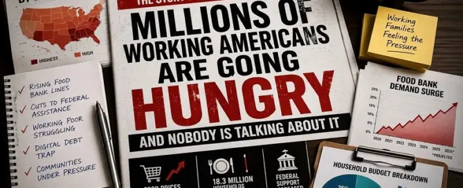 Editorial illustration highlighting rising food insecurity, food bank demand, household debt, and economic hardship facing working Americans in 2026.