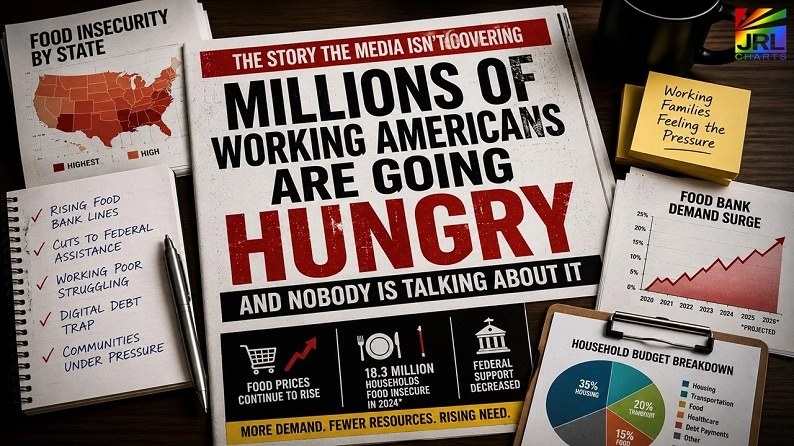 Editorial illustration highlighting rising food insecurity, food bank demand, household debt, and economic hardship facing working Americans in 2026.