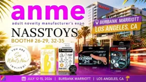 Nasstoys ANME 2026 exhibit promotion featuring Sorbet, Walk Around Trainer Plugs, The Great Extender 2-in-1 and Cock Power products at the Burbank Marriott Hotel in Los Angeles, California.