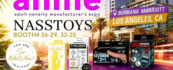 Nasstoys ANME 2026 exhibit promotion featuring Sorbet, Walk Around Trainer Plugs, The Great Extender 2-in-1 and Cock Power products at the Burbank Marriott Hotel in Los Angeles, California.