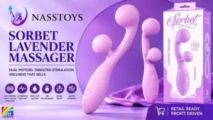 Nasstoys Sorbet Lavender Massager featuring dual-motor stimulation, body-safe silicone construction, rechargeable technology, and retail-ready packaging for wellness retailers.