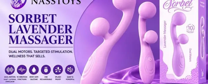 Nasstoys Sorbet Lavender Massager featuring dual-motor stimulation, body-safe silicone construction, rechargeable technology, and retail-ready packaging for wellness retailers.